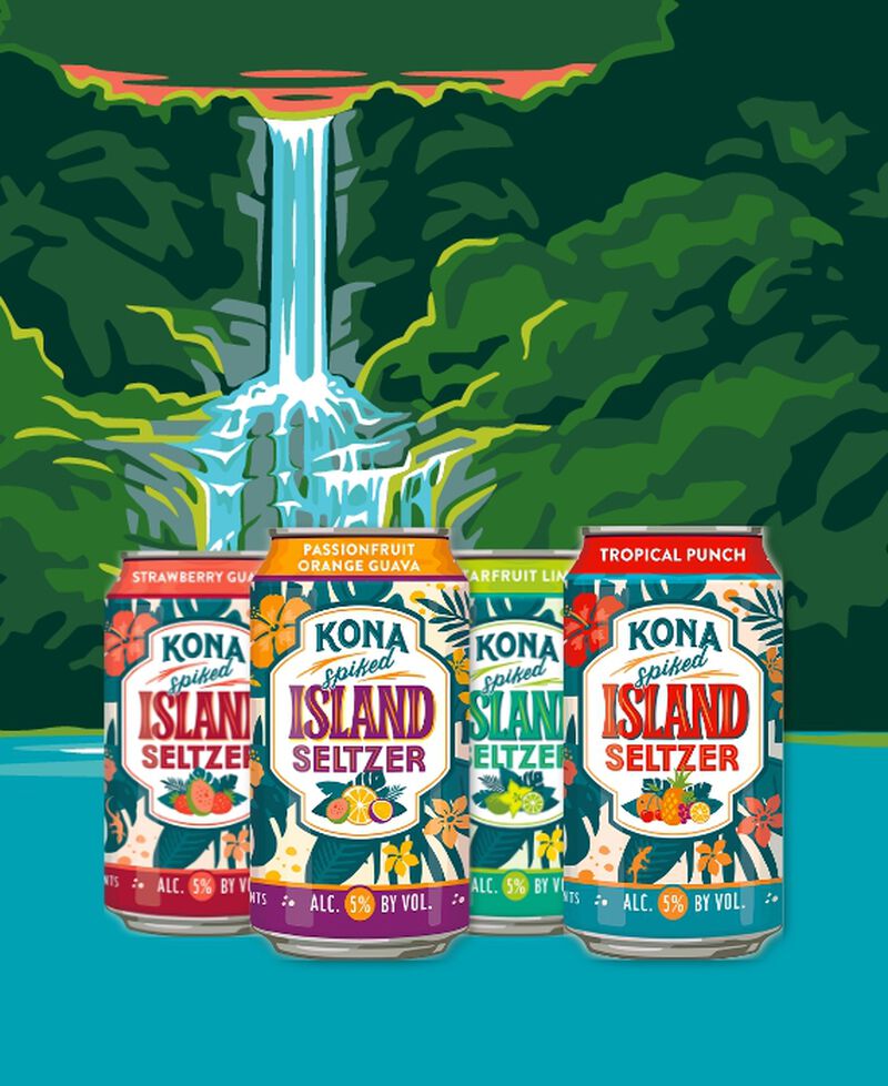 Cans of Kona Spiked Island Seltzer Variety Pack in front of jungle waterfall illustration