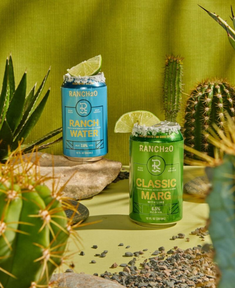 Cans of RancH2O Classic Margarita with cactus plants