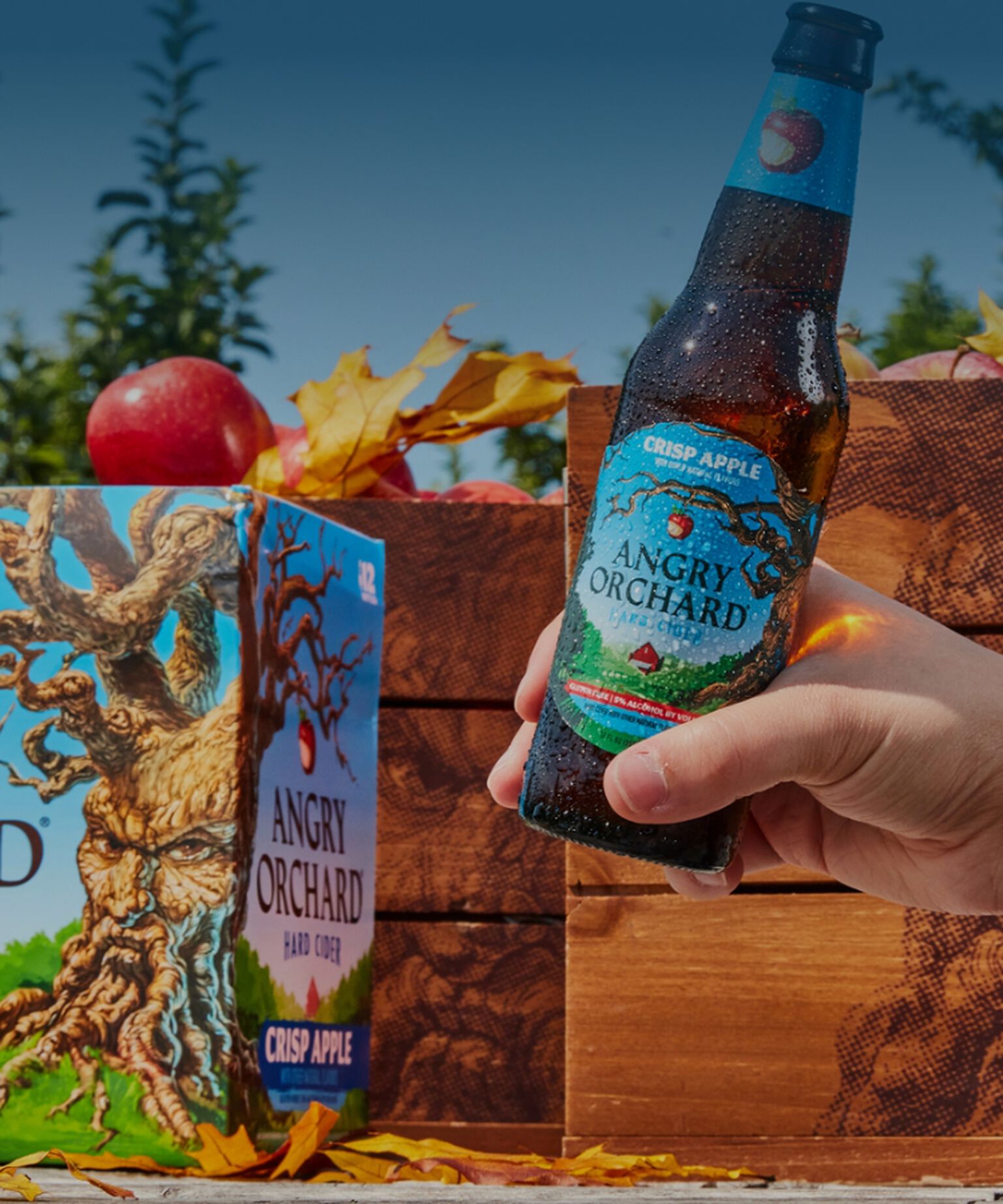 Bottle and case of Angry Orchard with apples