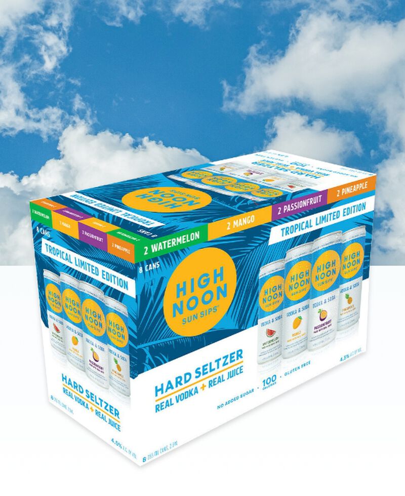 Case of High Noon Hard Seltzer Tropical Variety Pack with sky background