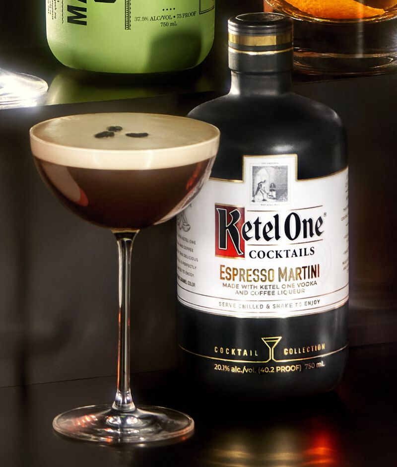 Bottle of Ketel One Espresso Martini Cocktail with two martini cocktails