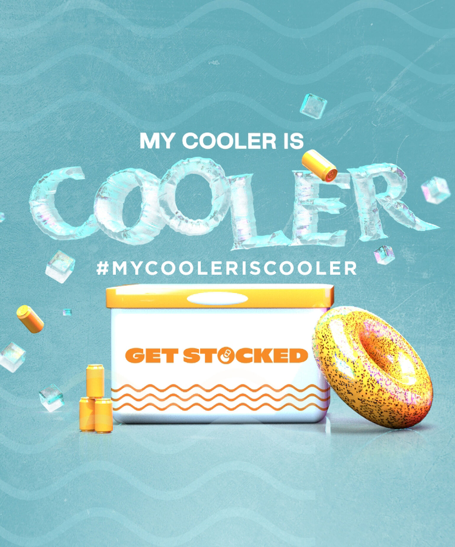 "My Cooler is Cooler" sign underwater with a cooler, cans, and pool floats